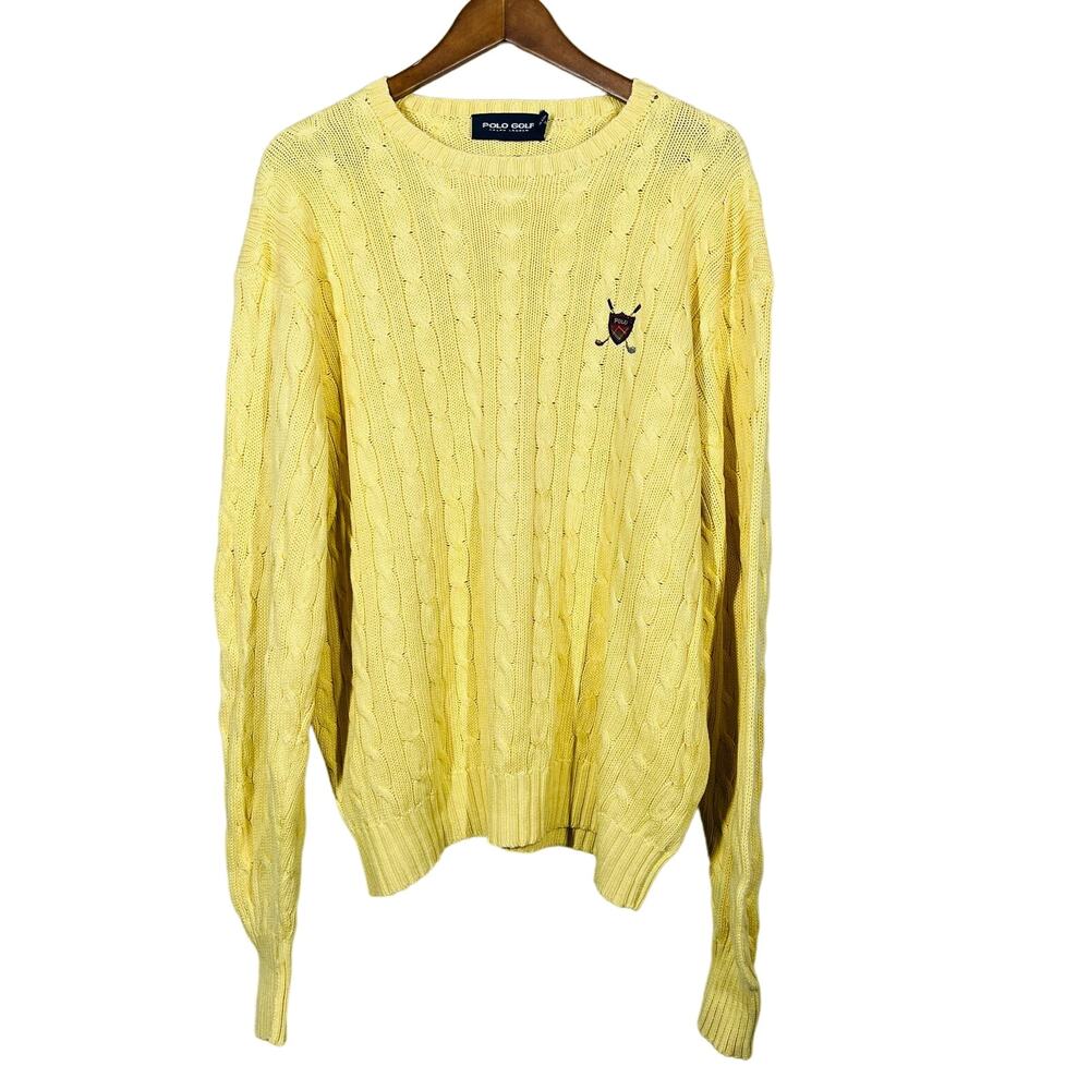 Vingtage 90s Ralph Lauren Polo Sport Cable Knit Sweater Yellow Logo - L